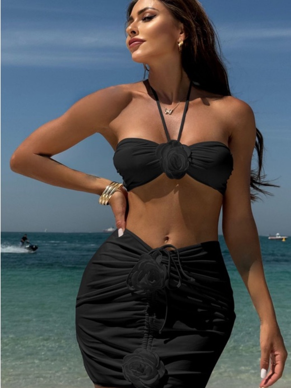 Black Three-Piece Ruched Bikini and cover-up skirt Set with Rosette Details